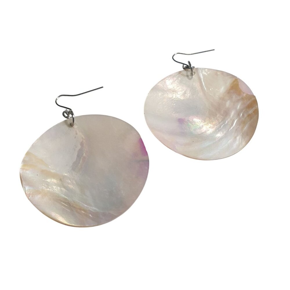 Large Round Mother Of Pearl Dangle Earrings Pink Floral Print Fishhook Boho - Picture 4 of 7